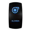 BLOWER rocker switch with laser-etched blower icon, with the blue LED backlight on