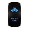 POLICE CAR rocker switch with laser-etched police car icon, with the blue LED backlight on