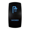 SHOWER rocker switch with laser-etched shower icon, with the blue LED backlight on
