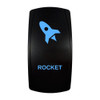 ROCKET rocker switch with laser-etched rocket icon, with the blue LED backlight on