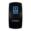 STEREO rocker switch with laser-etched stereo icon, with the blue LED backlight on