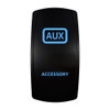 ACCESSORY rocker switch with laser-etched aux icon, with the blue LED backlight on