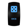 DICE rocker switch with laser-etched dice icon, with the blue LED backlight on