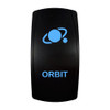 ORBIT rocker switch with laser-etched planet & moon icon, with the blue LED backlight on