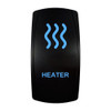 HEATER rocker switch with laser-etched heater icon, with the blue LED backlight on