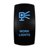 WORK LIGHTS rocker switch with laser-etched work lights icon, with the blue LED backlight on