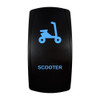 SCOOTER rocker switch with laser-etched scooter / moped icon, with the blue LED backlight on