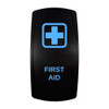 FIRST AID rocker switch with laser-etched first aid icon, with the blue LED backlight on