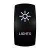LIGHTS rocker switch with laser-etched lights icon, in daylight