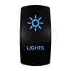 LIGHTS rocker switch with laser-etched lights icon, with the blue LED backlight on