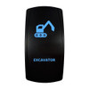 EXCAVATOR rocker switch with laser-etched excavator icon, with the blue LED backlight on