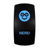 NERD rocker switch with laser-etched nerd icon, with the blue LED backlight on