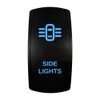 SIDE LIGHTS rocker switch with laser-etched side lights icon, with the blue LED backlight on