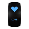 LOVE rocker switch with laser-etched heart icon, with the blue LED backlight on