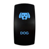 DOG rocker switch with laser-etched dog icon, with the blue LED backlight on