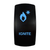 IGNITE rocker switch with laser-etched ignite icon, with the blue LED backlight on