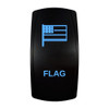 FLAG rocker switch with laser-etched flag icon, with the blue LED backlight on