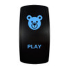 PLAY rocker switch with laser-etched bear icon, with the blue LED backlight on