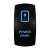 POWER BANK rocker switch with laser-etched power bank icon, with the blue LED backlight on
