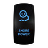 SHORE POWER rocker switch with laser-etched shore power icon, with the blue LED backlight on