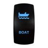 BOAT rocker switch with laser-etched boat icon, with the blue LED backlight on