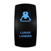 LUNAR LANDER rocker switch with laser-etched lunar lander icon, with the blue LED backlight on