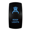 ROOF LIGHTS rocker switch with laser-etched roof lights icon, with the blue LED backlight on