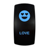 LOVE rocker switch with laser-etched heart eyes icon, with the blue LED backlight on