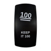 KEEP IT 100 rocker switch with laser-etched 100 icon, in daylight