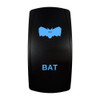 BAT rocker switch with laser-etched bat icon, with the blue LED backlight on