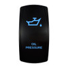 OIL PRESSURE rocker switch with laser-etched oil pressure icon, with the blue LED backlight on