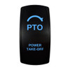 POWER TAKE-OFF rocker switch with laser-etched pto icon, with the blue LED backlight on