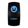 FUNNY rocker switch with laser-etched laughing icon, with the blue LED backlight on