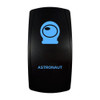ASTRONAUT rocker switch with laser-etched astronaut helmet icon, with the blue LED backlight on