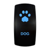 DOG rocker switch with laser-etched paw print icon, with the blue LED backlight on