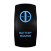 BATTERY MASTER rocker switch with laser-etched battery master icon, with the blue LED backlight on