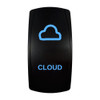 CLOUD rocker switch with laser-etched cloud icon, with the blue LED backlight on