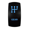 GEAR rocker switch with laser-etched gear shift icon, with the blue LED backlight on