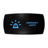 EMERGENCY LIGHTS horizontal rocker switch with laser-etched emergency lights icon, with the blue LED backlight on