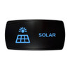 SOLAR horizontal rocker switch with laser-etched solar icon, with the blue LED backlight on