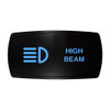 HIGH BEAM horizontal rocker switch with laser-etched high beam icon, with the blue LED backlight on