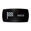 RACE horizontal rocker switch with laser-etched checkered flag icon, in daylight
