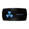 RADIOACTIVE horizontal rocker switch with laser-etched radioactive icon, with the blue LED backlight on