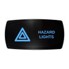 HAZARD LIGHTS horizontal rocker switch with laser-etched hazard lights icon, with the blue LED backlight on