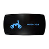 MOTORCYCLE horizontal rocker switch with laser-etched motorcycle icon, with the blue LED backlight on