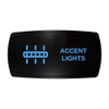 ACCENT LIGHTS horizontal rocker switch with laser-etched led strip / accent icon, with the blue LED backlight on