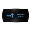 EXHAUST VALVE horizontal rocker switch with laser-etched exhaust valve icon, with the blue LED backlight on