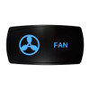 FAN horizontal rocker switch with laser-etched fan icon, with the blue LED backlight on