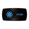 ATOM horizontal rocker switch with laser-etched atom icon, with the blue LED backlight on