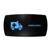 AMBULANCE horizontal rocker switch with laser-etched ambulance icon, with the blue LED backlight on